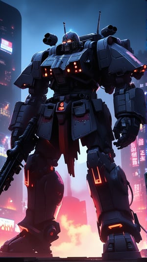 a giant robot \(ek_ct4k\),holding rifle,warhammer 4K style,ek_game_3ffect,dynamic pose,simple background,blurry futuristic city background,smoke,dynamic angle,anime style by ghibli,detailed,ek_ph0t0_b00ster,ek_an1_b00ster,at night,dark