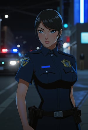 Anime of a beautiful police woman,NYPD,uniform,rifle,city street backdrop,police car,strobes,[[night]],lights,cable,realistic,detailed,sharp focus,high contrast,rule of thirds,(chiaroscuro lighting,spot light on face:1.2),by the style of Hayao Miyazaki and makoto shinkai's artworks,ek_art_b00ster,ek_an1_b00ster,gal gadot