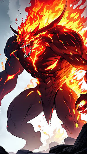 a fire monster \(ek_ge1frt\),roaring,open mouth,ek_game_3ffect,dynamic pose,simple background,blurry cave background,lava flowing,smoke,dynamic angle,anime style by ghibli,detailed,ek_ph0t0_b00ster,ek_an1_b00ster