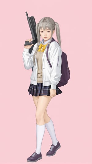 Anime of 1girl, solo, long hair, looking at viewer, bangs, skirt, simple background, shirt, hair ornament, long sleeves, pink background, bow, holding, twintails, closed mouth, school uniform, standing, jacket, full body, weapon, ahoge, grey hair, multicolored hair, pleated skirt, open clothes, shoes, socks, hairclip, bowtie, pink eyes, bag, holding weapon, open jacket, streaked hair, gun, plaid, kneehighs, white jacket, backpack, white socks, holding gun, rifle, yellow bow, sweater vest. (anime style by makoto shinkai:1.3), ek_an1_b00ster,ek_g1rl_02