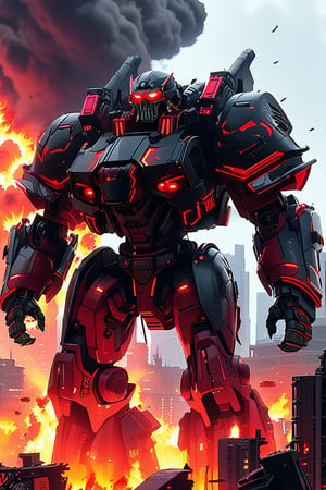 a giant robot \(ek_ct4k\) standing in a battle field,warhammer 4K style,black and red colored armor,ek_game_3ffect,blurry city background,explosion,fire,flame,dynamic angle,anime style by Makoto Shinkai,ek_ph0t0_b00ster, ek_an1_b00ster,upper body shot