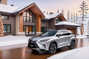 ((Hyper-Realistic)) photo of a (SONIC CHROME color:1.2) ((Lexus RX 500h)) parked in front of resort house,Front view,well-lit,silver and black stylish alloy wheels
BREAK
modern resort house,very sophisticated and stylish mountain home,contemporary design,luxurious, windows,snow,snowing, street,trees,mid-size house \(delightful front porch,tall multi-pane windows,wall cladding with accents of dark brown veneer stones and steel battens combined to create a spectacular exterior of the house\),cluttered maximalism
BREAK
aesthetic,rule of thirds,depth of perspective,perfect composition,studio photo,trending on artstation,cinematic lighting,(Hyper-realistic photography,masterpiece,best quality,photorealistic,ultra-detailed,intricate details,32K,UHD,sharp focus,high contrast,kodachrome 800,HDR:1.2),(shot on Canon EOS 5D,eye level,soft diffused lighting,vignette,highest quality,original shot:1.2),by Antonio Lopez,Diego Koi,David Parrish,Sebastiao Salgado and Steve McCurry,
real_booster,ani_booster,w1nter res0rt,art_booster,H effect,(car focus:1.2),Extremely Realistic,photo_b00ster