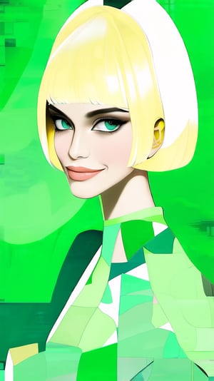 A sophisticated fashion model girl,short blonde hair,dynamic character,20yo,detailed exquisite face,parody,looking at viewer, Zendaya lookalike,patchwork art,modern green and mint colors,ek_ptch_art,ek_ani_b00ster