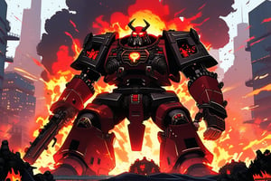 a Warhammer 40k IMPERIUM Skorpek Destroyer \(ek_ct4k\) standing in a battle field,black and red colored armor,ek_game_3ffect,blurry city background,explosion,fire,flame,dynamic angle,anime style by Makoto Shinkai,ek_ph0t0_b00ster, ek_an1_b00ster,upper body shot