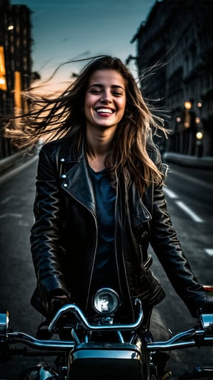 a girl,20yo,1girl,leather jacket,smile, long hair blowing by wind,Kristen Stewart lookalike,(dark:1.3),close-up
BREAK
backdrop:Riding a motorbike, wind in hair,city street or countryside road, dynamic pose, focused expression,at night,cluttered maximalism
BREAK
settings:(rule of thirds:1.3),perfect composition,depth of perspective,(masterpiece,best quality,detailed,realistic), chiaroscuro lighting
BREAK
by Antonio Lopez,Diego Koi,David Parrish,Canaletto and Edward Hopper,ek_real_b00ster,ek_art_b00ster,ek_ani_b00ster,ek_photo_booster