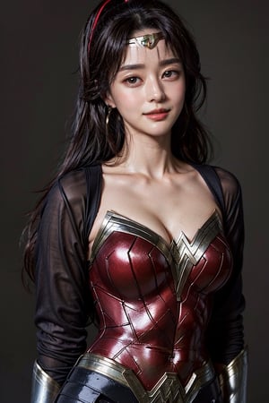 (masterpiece,best quality,ultra-detailed,8K,intricate, realistic),girl in photo studio,deep red gradation background,smile,black ponytail,earrings,jewelry, upper body,polo shirt on top,(colorful),rembrandt lighting,wonder_woman,kwon-nara