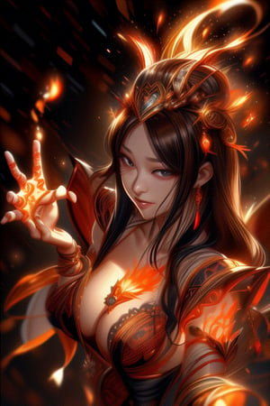 fire goddess dancing, waiving hands, fire elemental effect everywhere, detailed exquisite face, playful smirks, realistic, intricate, upper body, cinematic lighting, 1 girl, seolhyun