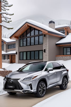 ((Hyper-Realistic)) photo of a (SONIC CHROME color:1.2) ((Lexus RX 500h)) parked in front of resort house,Front view,well-lit,silver and black stylish alloy wheels
BREAK
modern resort house,very sophisticated and stylish mountain home,contemporary design,luxurious, windows,snow,snowing, street,trees,mid-size house \(delightful front porch,tall multi-pane windows,wall cladding with accents of dark brown veneer stones and steel battens combined to create a spectacular exterior of the house\),cluttered maximalism
BREAK
aesthetic,rule of thirds,depth of perspective,perfect composition,studio photo,trending on artstation,cinematic lighting,(Hyper-realistic photography,masterpiece,best quality,photorealistic,ultra-detailed,intricate details,32K,UHD,sharp focus,high contrast,kodachrome 800,HDR:1.2),(shot on Canon EOS 5D,eye level,soft diffused lighting,vignette,highest quality,original shot:1.2),by Antonio Lopez,Diego Koi,David Parrish,Sebastiao Salgado and Steve McCurry,
real_booster,ani_booster,w1nter res0rt,art_booster,H effect,(car focus:1.2),Extremely Realistic,photo_b00ster