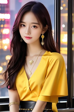 hyper realistic photo of a beautiful girl,20yo,detailed exquisite face,soft shiny skin,Chinese girl,long and natural brunette hair styled impeccably reflecting modern urban trends,Dakota Fanning lookalike,perfect female form,model body,elegant urban fashion,earrings and necklaces, backdrop:cityscape,window,night,lights,[modern green,yellow and cream colors],dark:1.2,chiaroscuro lighting, ek_ph0t0_b00ster,ek_game_3ffect,ek_real_b00ster