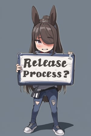 Anime of a cute girl holding a big post sign with text: "Software Release Process?". looking sad,simple background,ek_ph0t0_b00ster,ek_an1_b00ster,ek_art_b00ster,ek_game_3ffect,ek_real_b00ster