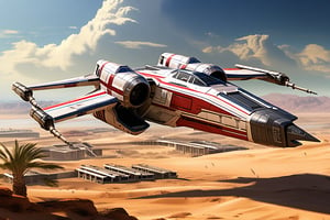 A realistic photo of starship x-wing starfighter in Star Wars universe,red striped body,parked on ground with ((stands)) on desert,wings folded,laser cannons at each wing tip,engines located at wing root, backdrop:desert,sand,palm tree,,sky,cloud,cityscrapes,front left view,R2 D2 walking around next to the ship, ek_starsh1p,ek_xw1ng,ek_xwf1,realistic,detailed,sleek shiny aircraft