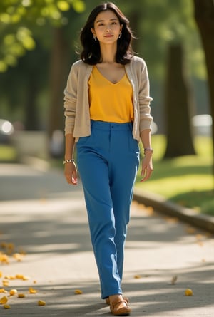 A strikingly beautiful young woman in her early twenties, radiating sophistication as she strolls through a sunlit park. Her shoulder-length black hair is styled in soft waves, gently swaying with each step. Her deep black eyes sparkle with intelligence and curiosity, set against flawless, fair skin.

She wears a chic, tailored yellow blouse tucked into high-waisted, azure trousers that accentuate her slender figure, paired with classic, tan leather loafers. A light, cashmere cardigan drapes over her shoulders, adding a touch of casual elegance. A small, silver bracelet gleams on her wrist, and her delicate smile exudes warmth and poise, capturing the essence of effortless, timeless style.ek_ph0t0_b00ster,jisosmile