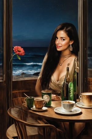Hyper-Realistic photo of a girl sitting in a cafe,(20yo), 1girl,Brazilian girl,elegant dress,detailed exquisite face,soft shiny skin,model body,smile,mesmerizing,long black hair,small earrings,necklaces,(Modern Green,Hazel Brown and Cream colors),at night,dark
BREAK
backdrop:ocean view cafe,table,coffee mug,dessert,bottle,window, flower,ocean,sky,cluttered maximalism,girl focus
BREAK 
settings:(rule of thirds:1.3),perfect composition,depth of perspective,studio photo,trending on artstation,(Masterpiece,Best quality,32k,UHD:1.4),(sharp focus,high contrast,HDR,hyper-detailed,intricate details,ultra-realistic,kodachrome 800:1.3),(chiaroscuro lighting),by Karol Bak$,Gustav Klimt$ and Hayao Miyazaki$,ek_art_b00ster,ek_real_b00ster