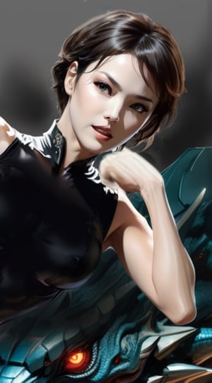 A woman jumping and striking a lizard mecha monster's back from sky with her elbow,serious expression,looking at the monster,detailed exquisite symmetric face,sharp nose,short hair,hourglass figure,perfect female form,slim and tall model body,skinny tight black sleeveless one piece,bokeh,siena natural ratio,by Sakimichan and Yoji Shinkawa and Serafleur,more detail XL,song-hyegyo-xl