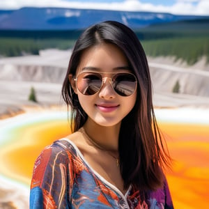 realistic photo of a beautiful Japanese girl standing in Grand Prismatic Spring of Yellowstone,20yo,sunglasses,detailed face,model body,looking at viewer,playful smirks,detailed hair blowing,vibrant colors,elegant urban fashion,upper body focus
BREAK
backdrop:detailed photo of Grand Prismatic Spring \(grandpr1smat1c\) in Yellowstone,1 spring,
 BREAK 
rule of thirds,studio photo,detailed,realistic,cinematic lighting,Ye11owst0ne,grandpr1smat1c