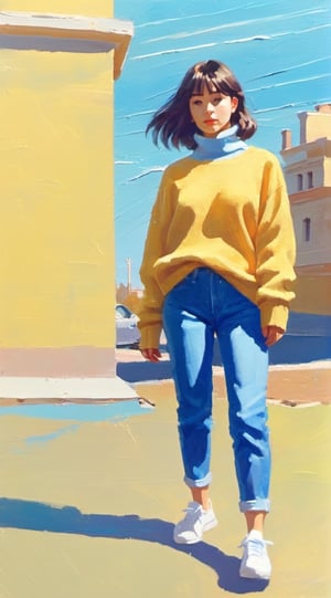 Girl in yellow sweater and blue jeans with Adidas sneakers in Volgograd, acrylic painting, trending on pixiv fanbox, palette knife and brush strokes, style of makoto shinkai jamie wyeth james gilleard edward hopper greg rutkowski studio ghibli genshin impact,artistic oil painting stick