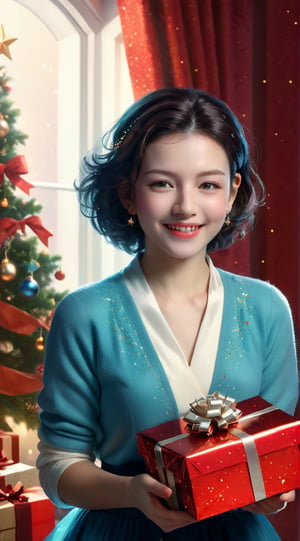 Generate an image of a happy Christmas scene: On a snowy Christmas morning, a beautiful woman is preparing Christmas gifts in her cozy home studio. With delicate fingertips, she carefully wraps the gifts, and within the serene atmosphere of various Christmas decorations, the warm white lights cast a gentle glow.

The gift boxes are adorned with festive Christmas wrapping paper and elegantly tied with luxurious ribbons. The woman adds a special message to each gift, paying attention to small details to make the moment of giving even more special.

Sunlight gently streams into the room, illuminating the Christmas tree and sparkling Christmas stars, creating a festive ambiance. As the woman thoughtfully prepares the gifts, her intention to share the joy and warmth of Christmas is palpable. BREAK

(masterpiece,best quality,ultra-detailed,8K,intricate, realistic:1.3),(full body, wide shot:1.3),smile,black bob_cut, beautiful but modest clothing,earrings,jewelry, shiny skin, detailed exquisite face,rembrandt lighting,1 girl,Color Booster, leonardo,style,cyberpunk style,greg rutkowski,cyberpunk,koh_yunjung