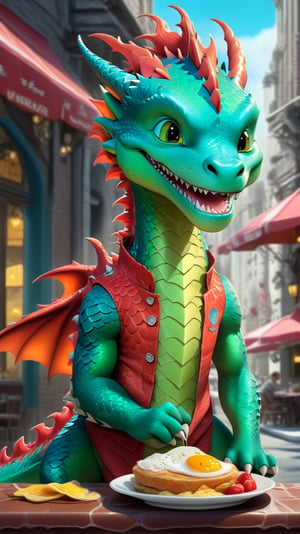 Cartoon: a very cute and young-looking dragon boy,eating American breakfast in a restaurant happily,cheerful,city street backdrop,cinematic lighting,rule of thirds,depth of perspective,trending on artstation,(hyper-realistic,Ultra-detailed,sharp focus,high contrast,HDR,masaterpiece,RAW photo),(fullbody:1.3),dragon_h,art_booster, real_booster,H effect