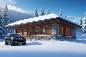 a beautiful ((Hyper-Realistic)) cabin on a hill,outdoors, modern style cabin,luxurious brick and concrete and stone textures with black and grey colors,snow,snowing,window,trees,(cool SUV in front of cabin:1.3),aesthetic,rule of thirds,studio photo,trending on artstation,(cabin and SUV focus),(Hyper-realistic photography,masterpiece,ultra-detailed,intricate details,8k,sharp focus,high contrast,kodachrome 800,HDR:1.2),by Antonio Lopez,Diego Koi,Karol Bak and Hayao Miyazaki,H effect,real_booster,w1nter res0rt