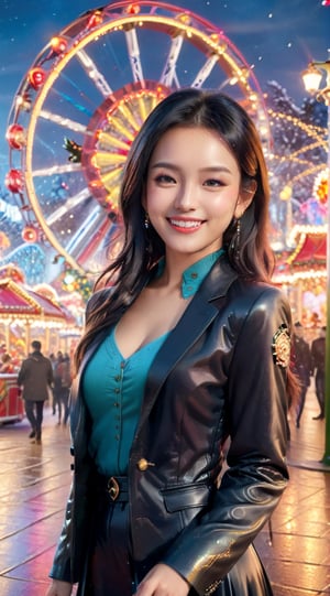 "Generate an image of a sophisticated and statuesque young woman (23yo) joyfully celebrating Christmas at an upscale amusement park. Dressed in elegant winter fashion, she exudes grace and charm amidst the enchanting lights and opulent decorations. The beautifully lit Ferris wheel stands tall in the background, adding a touch of luxury to the festive scene. The air is filled with the joyous melodies of holiday tunes, and the woman's radiant smile reflects the refined spirit of celebrating Christmas in a chic and lively amusement park setting." BREAK

(masterpiece,best quality,ultra-detailed,8K,intricate, realistic:1.3),(full body, wide shot:1.3),rule of thirds, vibrant colors,hourglass figure,smile,black hair,sharp nose,earrings,jewelry, shiny skin, detailed exquisite face,cinematic lighting,Aerial,1 girl,Color Booster, leonardo,style,cyberpunk style,greg rutkowski, aesthetic portrait,han-hyoju-xl,aesthetic portrait