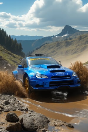 photo of Blue Subaru Impreza 2025 cornering and drifting beautifully at a mountain offroad muddy trail,splashing mud,Sports car,beautiful and complex racing livery,Blue color,shiny spinning wheels,glossy Yellow alloy rims,bright turned on head lights,driver silhouette,driving at high speed,(backdrop of Detailed Realistic mountain offroad trail for speed race,mountain view,trees,rock,hill,cloud,mud,cluttered maximalism),depth of perspective,vehicle focus,sports car,(wide shot) BREAK sharp focus,high contrast,studio photo,trending on artstation,rule of thirds,perfect composition,(Hyper-detailed,masterpiece,best quality,UHD,HDR,32K,shiny, glossy,reflective,kodachrome 800),.,ek_ph0t0_b00ster,ek_an1_b00ster,ek_art_b00ster,ek_game_3ffect