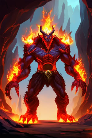 a devil monster stands in dark cave. He uses the magic ring and turns into the ultimate form of a fire magic \(ek_ge1frt\) monster,fire elemental effect,ek_game_3ffect,ek_real_b00ster