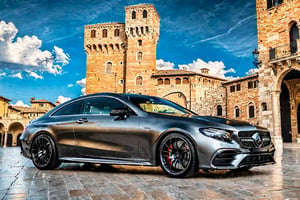 ((Ultra-realistic)) photo of mercedes e53 amg coupe,metallic grey color,shiny spinning wheels,glossy black alloy rims with silver edge,bright turned on head lights
BREAK
backdrop of (a medieval plaza in Italy:1.4), 14th century, (golden ratio:1.3), (medieval architecture:1.3), (mullioned windows:1.3), (brick wall:1.1), (tower with merlons:1.2), overlooking the plaza, beautiful blue sky with imposing cumulonembus clouds,depth of perspective,vehicle focus,(wide shot),random angle view
BREAK
sharp focus,high contrast,studio photo,trending on artstation,rule of thirds,perfect composition,(Hyper-detailed,masterpiece,best quality,UHD,HDR,32K, kodachrome 800,shiny,glossy,reflective:1.3),H effect,photo_b00ster, real_booster,more detail XL,itacstl,amazing quality