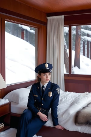 Hyper-Realistic photo of a beautiful LAPD police officer sitting on a bed in a winter resort house bedroom,20yo,1girl,solo,LAPD police uniform,cap,detailed exquisite face,soft shiny skin,smile,looking at viewer,Kristen Stewart lookalike,cap,fullbody:1.3
BREAK
backdrop:luxurious bedroom,pillow,lamp,window,curtain,snow,tree,girl focus,[cluttered maximalism]
BREAK
settings: (rule of thirds1.3),perfect composition,studio photo,trending on artstation,depth of perspective,(Masterpiece,Best quality,32k,UHD:1.4),(sharp focus,high contrast,HDR,hyper-detailed,intricate details,ultra-realistic,kodachrome 800:1.3),(cinematic lighting:1.3),(by Karol Bak$,Alessandro Pautasso$,Gustav Klimt$ and Hayao Miyazaki$:1.3),art_booster,photo_b00ster, real_booster,w1nter res0rt