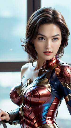 A sophisticated woman,detailed exquisite symmetric face,soft shiny skin,detailed mesmerizing eyes,sharp nose,short hair,hourglass figure,perfect female form,slim and tall model body,big hips,bokeh,looking at viewer,siena natural ratio,by Sakimichan and Yoji Shinkawa and Serafleur,(head to thigh sideview:1.3), more detail XL,wonder-woman-xl,jeon_jihyun