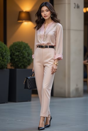 A 20-year-old elegant and sophisticated city woman is wearing a luxury silk blouse and high-waisted pants. The pastel-toned blouse features metallic details, and the pants fall neatly just above the ankles. She pairs black stiletto heels with a designer mini bag, accessorized with diamond earrings of chanel logo and a slim gold watch. Her look is completed with natural wavy hair and neutral-toned makeup, exuding refined city style
BREAK
detailed exquisite face,soft shiny skin,realistic,detailed,sharp focus,high contrast,rule of thirds,depth of perspective,award-winning photo,chiaroscuro lighting,ek_g1rl_02