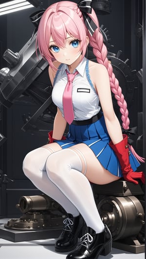 Hyper-Detailed Anime of Atlanta \(Azur Lane\),1girl, solo, long hair, breasts, looking at viewer, blush, bangs, blue eyes, skirt, shirt, thighhighs, gloves, ribbon, cleavage, bare shoulders, underwear, panties, full body, hair ribbon, white shirt, pink hair, braid, ahoge, pleated skirt, small breasts, detached sleeves, necktie, shoes, indoors, fingerless gloves, black footwear, white thighhighs, blue skirt, sleeveless shirt, black ribbon, thigh strap, squatting, red necktie, single thighhigh, french braid, red gloves, machinery, asymmetrical legwear, turret, anchor, uneven legwear, rigging, pink gloves, pink necktie, rudder footwear,simple background,cluttered maximalism
BREAK
(rule of thirds:1.3),(thick drawing lines:1.3),perfect composition,studio photo,trending on artstation,(Masterpiece,Best quality,32k,UHD,sharp focus,high contrast,HDR,hyper-detailed,intricate details,ultra-clear:1.3),(cinematic lighting),ani_booster