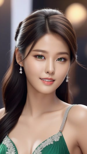 goddess-like girl,20yo, detailed exquisite face,elegant dress,symmetric face,sharp nose,detailed soft skin,shiny skin,small face, gentle smile,aesthetic,looking at viewer,hourglass figure,perfect female form,model body,dishelved black hair blowing,green silver colors  BREAK 
(masterpiece, best quality, ultra-detailed, 16K, intricate,hyper-realistic:1.3),(high contrast,HDR,vibrant colors, RAW photo, rule of thirds:1.2),(chairoscuro lighting technique,soft rim lighting,key light reflecting in the eyes:1.2),(full body sideview:1.3),Warm tone,(bokeh backdrop), (small earrings,jewelry,necklaces),siena natural ratio,greg rutkowski,seolhyun