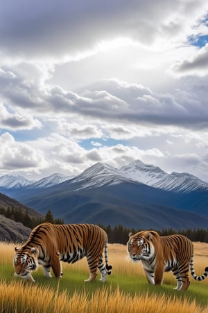 Hyper-Realistic photo of a tiger,cluttered maximalism
BREAK
(backdrop of lamarva11ey,outdoors,sky,day, cloud,tree,cloudy sky,grass,nature,beautiful scenery,mountain,winding road,landscape,american bisons),(tiger focus:1.2)
BREAK
(rule of thirds:1.3),perfect composition,studio photo,trending on artstation,(Masterpiece,Best quality,32k,UHD:1.4),(sharp focus,high contrast,HDR,hyper-detailed,intricate details,ultra-realistic,award-winning photo,ultra-clear,kodachrome 800:1.25),(infinite depth of perspective:2),(chiaroscuro lighting,soft rim lighting:1.15),by Karol Bak,Antonio Lopez,Gustav Klimt and Hayao Miyazaki,photo_b00ster,real_booster,art_booster,Ye11owst0ne