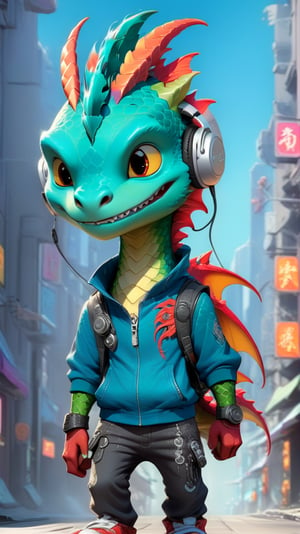 Cartoon: a cute dragon boy,walking in the street,listening to music from big headphone,city backdrop,cinematic lighting,rule of thirds,depth of perspective,trending on artstation,(fullbody sideshot:1.3),dragon_h,art_booster, real_booster,cyberpunk style