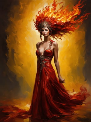 Create an oil painting in the style of Karol Bak, featuring a regal woman with an air of elegance and mystery. She should be adorned in intricate, flowing attire with a blend of metallic and organic textures. Her attire and headdress should incorporate elements of fire, giving the impression of flames and energy radiating around her. The color palette should be dominated by vibrant oranges, yellows, and reds, with rich contrasts and dynamic brushstrokes to evoke a sense of movement and intensity. The woman's expression should be confident and captivating, and the overall composition should be surreal and fantastical, with attention to fine details and a dramatic atmosphere,ek_art_b00ster