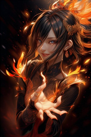 fire goddess dancing, walking, waiving hands, fire elemental effect everywhere, detailed exquisite face, winking eyes, smile, realistic, intricate, upper body, cinematic lighting, 1 girl, koh-yunjung