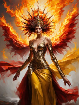 Create an oil painting in the style of Karol Bak, featuring a regal woman with an air of elegance and mystery. She should be adorned in intricate, flowing attire with a blend of metallic and organic textures. Her attire and headdress should incorporate elements of fire, giving the impression of flames and energy radiating around her. The color palette should be dominated by vibrant oranges, yellows, and reds, with rich contrasts and dynamic brushstrokes to evoke a sense of movement and intensity. The woman's expression should be confident and captivating, and the overall composition should be surreal and fantastical, with attention to fine details and a dramatic atmosphere,ek_art_b00ster