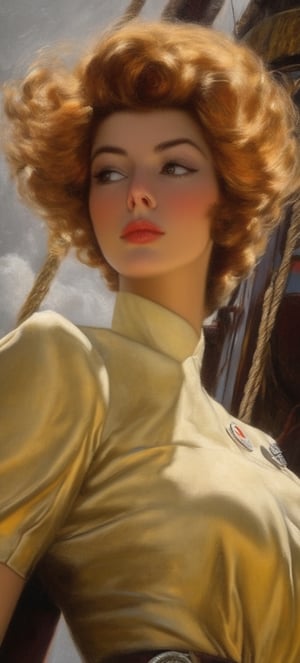 analog style,Gorgeous woman,20yo,wearing ((fire officer uniform)),1950s,on a ship,close up, ultra high res 8K,grainy,digital Art,perfect composition, beautiful detailed intricate insanely detailed octane render trending on artstation,8 k artistic photography, photorealistic concept art,soft natural volumetric cinematic perfect light,chiaroscuro, award-winning photograph,masterpiece,oil on canvas,ani_booster,{by Karol Bak,Gustav Klimt and Hayao Miyazaki},real_booster
