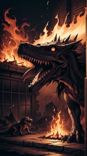 (masterpiece,best quality,ultra-detailed,8K,aesthetic, intricate,realistic,high contrast,sharp focus):1.3,illustration of monster like dinosaur lying on the floor as corpse,(electrocuted),scorched by fire and reduced to ashes,screaming in pain,flames and fires on buildings and ground,upper body,oil painting,drawing by frank frazetta,color by peter mohrbacher,cinematic lighting