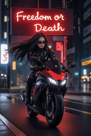 a cyborg girl in mecha armor. Black and red colored armor. neon light lines glowing, exquisite face, soft shiny skin, longhair blowing, sunglasses. riding a motor cycle, kawasaki ninja h2 carbon at high speed,city street backdrop,puddles,focused expression,dark,(((Big neon light saying "Freedom or Death" in the background)))
BREAK
realistic,detailed,sharp focus,high contrast,rule of thirds,depth of perspective,award-winning photo,chiaroscuro lighting,ek_g1rl_02,ink style