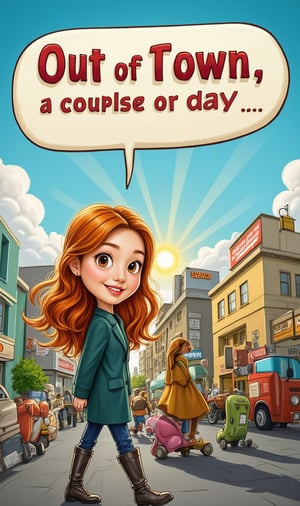 a girl saying "out of town, couple of days" in a big cartoon style word balloon,smiling,ek_ph0t0_b00ster,ek_g1rl_02