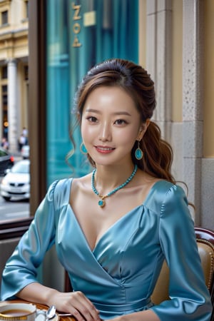 Hyper-Realistic photo of a girl sitting in a luxurious cafe,20yo,1girl,perfect female form,perfect body proportion,perfect anatomy,[Turquoise,Baby Blue,Mustard Yellow,Gray color],elegant dress,detailed exquisite face,soft shiny skin,smile,mesmerizing,disheveled hair,small earrings,necklaces,Louis Vuitton bag
BREAK
backdrop of a beautiful cafe,table,window,coffee mug,people,(fullbody:1.2),(wideshot:1.2)
BREAK
(rule of thirds:1.3),perfect composition,studio photo,trending on artstation,(Masterpiece,Best quality,32k,UHD:1.4),(sharp focus,high contrast,HDR,hyper-detailed,intricate details,ultra-realistic,award-winning photo,ultra-clear,kodachrome 800:1.25),(chiaroscuro lighting,soft rim lighting:1.15),by Karol Bak,Antonio Lopez,Gustav Klimt and Hayao Miyazaki,photo_b00ster,real_booster,art_booster,kim_heesun