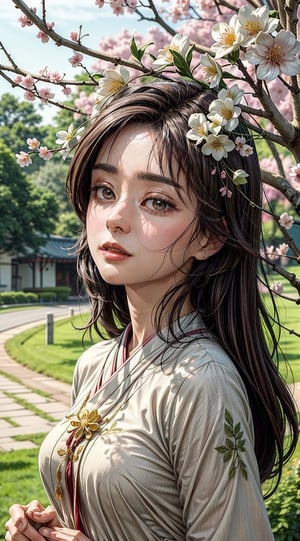 (masterpiece,best quality,ultra-detailed,8K,intricate, realistic,cinematic lighting),Craft AI art portraying a serene and elegant woman immersed in the tranquility of a blooming cherry blossom garden. Picture her in a beautifully colored attire, modest yet vibrant, complementing the delicate beauty of the blossoms. Use a palette of soft and harmonious colors to create a captivating scene, capturing the essence of a peaceful moment in nature. Let the artwork convey a sense of quiet beauty and contemplation, celebrating the timeless grace of a woman in a serene and colorful setting.kwon-nara