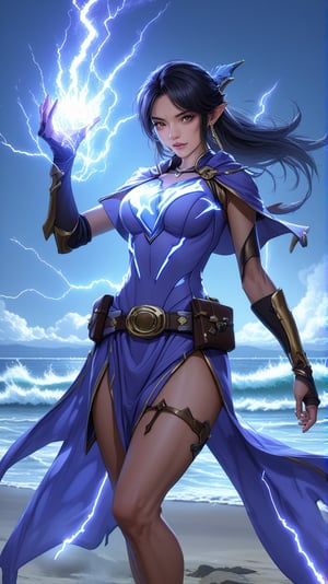 a beautiful lightning magic sorceress \(ek_ge1tng\),detailed exquisite face,lightning elemental effect,lightning weapon,ek_game_3ffect,dynamic pose,simple background,blurry ocean beach  background,dynamic angle,anime style by ghibli,detailed,ek_ph0t0_b00ster,ek_an1_b00ster,very sexy