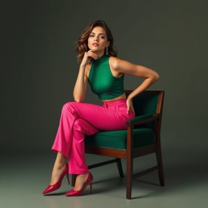 A stylish female fashion model sitting confidently on a chair, wearing a sleek green top, pink pants, and high heels. She strikes an elegant, bold pose with one leg slightly extended, showcasing her modern, sophisticated fashion and poise.(masterpiece,best quality,32K,UHD,HDR,realistic,detailed,sharp focus,high contrast,rule of thirds,depth of perspective,award-winning photo,chiaroscuro lighting),beauy_ks01,(round chin no dimple),ek_art_b00ster