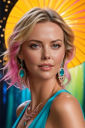 Hyper-Realistic photo of a girl,20yo,1girl,Charlize Theron,perfect female form,perfect body proportion,perfect anatomy,[Turquoise,Pink, Green,Yellow color],elegant dress,detailed exquisite face,soft shiny skin,smile,mesmerizing,long hair blowing,small earrings,necklaces,bokeh backdrop,cluttered maximalism
BREAK
(rule of thirds:1.3),perfect composition,studio photo,trending on artstation,(Masterpiece,Best quality,32k,UHD:1.4),(sharp focus,high contrast,HDR,hyper-detailed,intricate details,ultra-realistic,award-winning photo,ultra-clear,kodachrome 800:1.25),(infinite depth of perspective:2),(chiaroscuro lighting,soft rim lighting:1.15),by Karol Bak,Antonio Lopez,Gustav Klimt and Hayao Miyazaki,photo_b00ster,real_booster,art_booster,