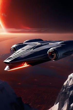 A realistic photo of starship, razor crest \(star wars\), wings on top,big jet engine on wing tip,canopy on head nose top,,blunt front nose,cannon on head side,front left view,

backdrop:red planet with ice mountain,buildings,red sky,two moons,smoke,