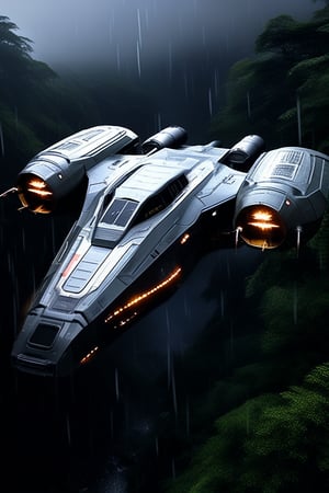 A realistic photo of starship, razor crest \(star wars\),flying over a rain forest at night,rainy,lightning, wings on top,big jet engine on wing tip,canopy on head nose top,,blunt front nose,cannon on head side,front left view,ek_starsh1p,ek_raz0r_cre5t,ek_rcfr0nt_left