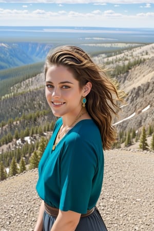 Hyper-Realistic photo of a girl,20yo,1girl,Kristen Stewart,perfect female form,perfect body proportion,perfect anatomy,[Turquoise,Baby Blue,Mustard Yellow,Gray color],elegant dress,detailed exquisite face,soft shiny skin,smile,mesmerizing, disheveled hair,small earrings,necklaces,cluttered maximalism
BREAK
(backdrop of Mount Washburn Summit \(wash9urn\) in Yellowstone,summit at eye level,outdoors,blue sky,day,rock,horizon,green mountain,landscape,trail,tree),(distant view),(girl focus:1.2)
BREAK
(rule of thirds:1.3),perfect composition,studio photo,trending on artstation,(Masterpiece,Best quality,32k,UHD:1.4),(sharp focus,high contrast,HDR,hyper-detailed,intricate details,ultra-realistic,award-winning photo,ultra-clear,kodachrome 800:1.25),(infinite depth of perspective:2),(chiaroscuro lighting,soft rim lighting:1.15),by Karol Bak,Antonio Lopez,Gustav Klimt and Hayao Miyazaki,photo_b00ster,real_booster,art_booster,Ye11owst0ne