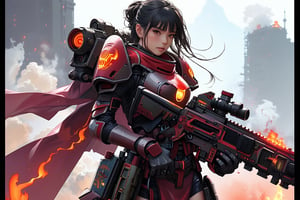 a girl in warhammer 4K style armor suit \(ek_g4k\),holding rifle,ek_game_3ffect,looking at viewer,blurry alien landscape background,smoke,flame,dynamic angle,anime style by makoto shinkai,detailed, ek_ph0t0_b00ster, ek_an1_b00ster,upperbody shot